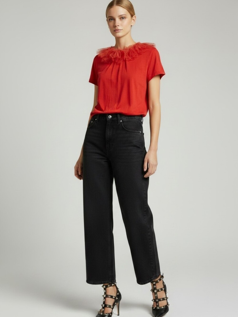 Valentino Spa T-Shirt Couture With Silk Flower Neckline In Red Size 4 / 40 NWT